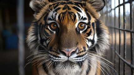 Majestic Tiger Up Close in Zoo Setting with Piercing Eyes