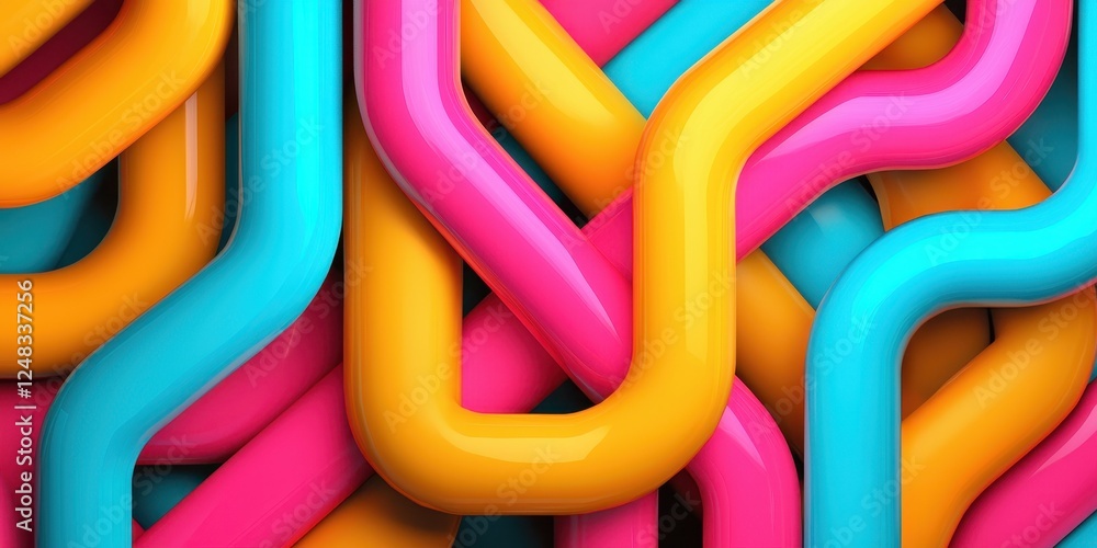 Poster a vibrant, abstract background featuring intertwined colorful tubes in pink, yellow, and blue, creat