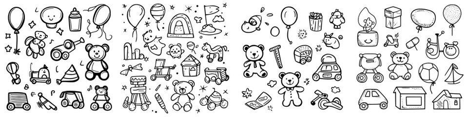 Cute collection of childhood doodles featuring toys and fun elements on a white background