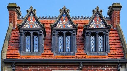 Brick Building's Roofline: Ornate Dormers with Glass Windows & Tiles