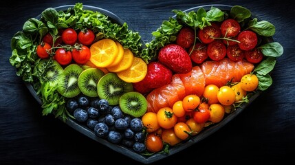 Heart-shaped healthy food platter, dark background