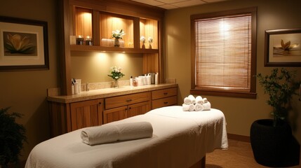 Fototapeta premium Tranquil Spa Room with Massage Table and Relaxing Atmosphere