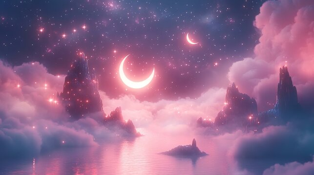Dreamlike pink night landscape with glowing mountains, crescent moons, and stars; ideal for fantasy, escapism, or meditation