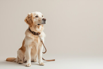 Golden retriever dog sitting isolated on beige background.