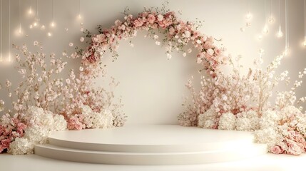 Elegant floral archway backdrop, romantic setting, empty stage, soft lighting, wedding or event