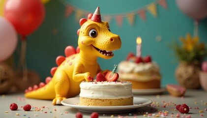Fototapeta premium A cheerful yellow dinosaur enjoys a birthday cake slice , blue background, cake slice