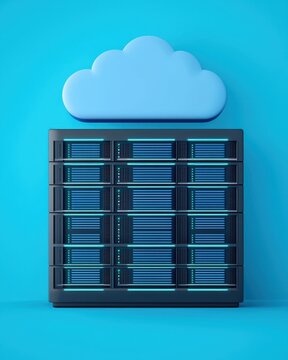 A modern server array with a blue cloud above, representing cloud computing and data storage technology.