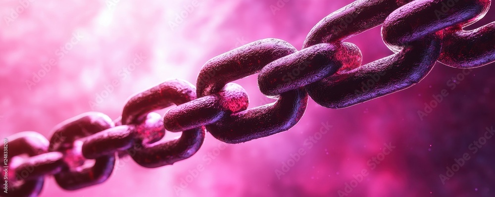 Poster a close-up view of a metallic chain against a vibrant purple background, showcasing intricate links 