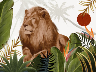 tropical jungle lion banana leaves strelitzia and flowers watercolor illustration on white background wallpaper