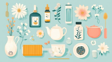 Colorful Arrangement of Herbal Ingredients and Kitchen Utensils