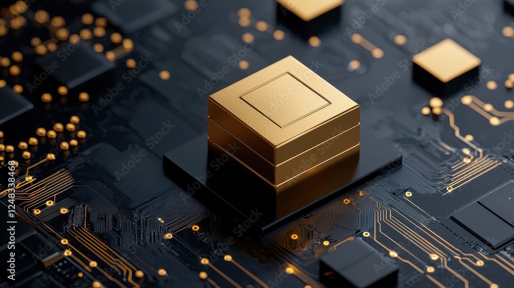 Poster A close-up view of a gold-colored microchip on a dark circuit board, showcasing intricate patterns and connections.