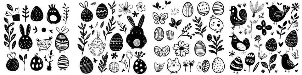 Whimsical black and white illustration of Easter themes featuring rabbits, flowers, eggs, and birds surrounded by greenery