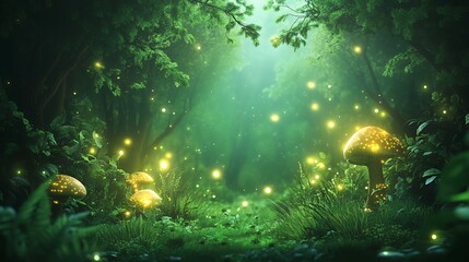 Obraz premium Enchanting Firefly Forest Path Glowing mushrooms illuminate a mystical pathway through a lush, green forest, perfect for fantasy or fairytale settings
