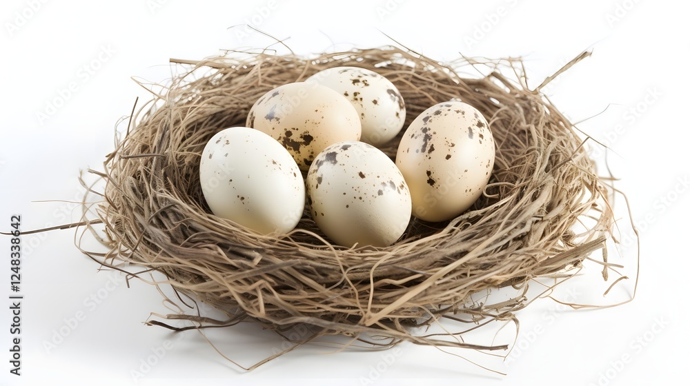 Poster closeup of freshly laid duck eggs resting in a small natural nest displayed on a bright white backgr