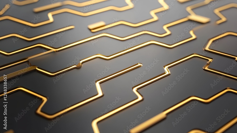 Poster a close-up view of intricate, golden maze-like patterns on a dark surface, showcasing modern design 