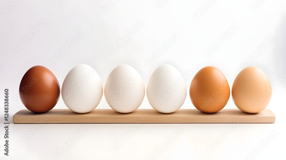 Poster perfectly aligned and symmetrical arrangement of fresh eggs in a row on a clean pure white backgroun