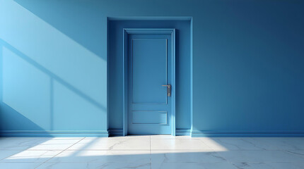 A blue door in a blue room with light streaming in, creating a serene and minimalist scene with strong lines and shadows.
