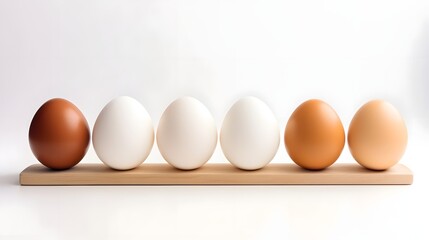 Perfectly aligned and symmetrical arrangement of fresh eggs in a row on a clean pure white background
