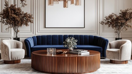 Elegant Living Room Design with Blue Sofa and Round Coffee Table