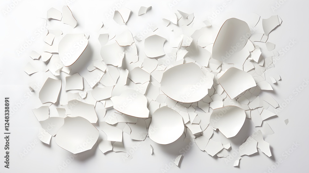 Poster cracked eggshell fragments scattered on a bright white background creating a minimalist abstract and