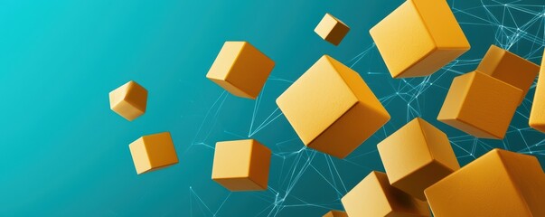 A dynamic composition of floating yellow cubes against a turquoise background, suggesting innovation and digital technology.