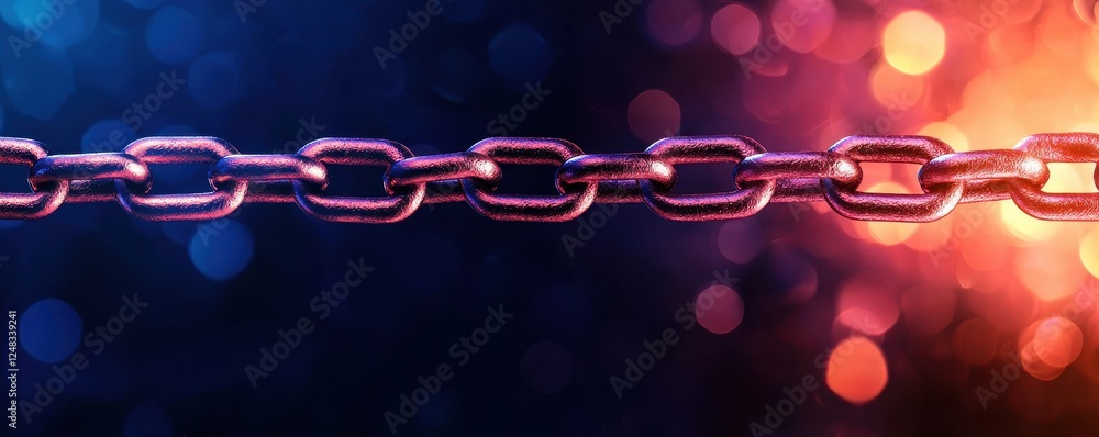 Poster a glowing chain stretches across a vibrant backdrop, illuminated by blue and orange bokeh lights, cr