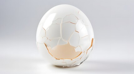 Closeup of a cracked egg revealing its glowing luminous interior against a bright pure white background  This minimalist