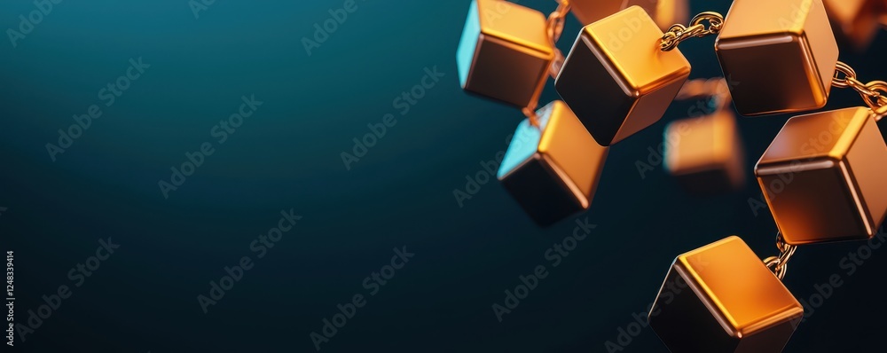 Poster a close-up view of golden cubes suspended in mid-air against a dark blue background, creating a dyna