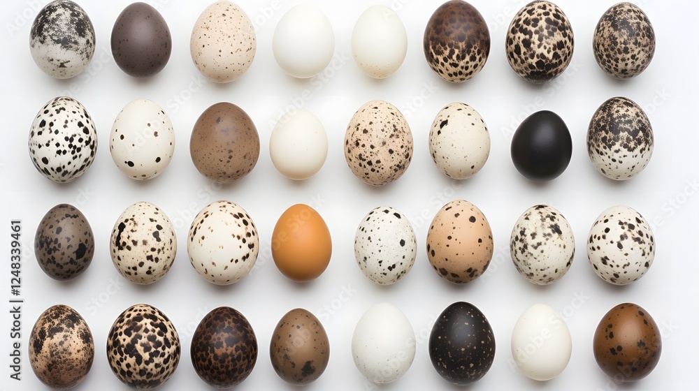 Poster diverse collection of bird eggs with varied sizes textures and colors artfully arranged on a pristin