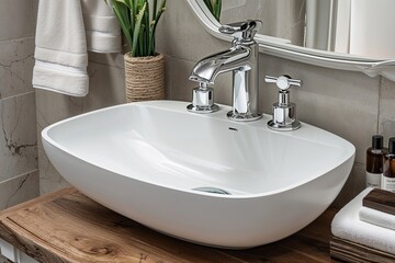 Fototapeta premium Stylish White Bathroom Sink Featuring Modern Chrome Faucet Fixture