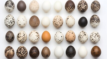 Diverse Collection of Bird Eggs with Varied Sizes Textures and Colors Artfully Arranged on a Pristine White Background for a Minimalist Elegant Aesthetic
