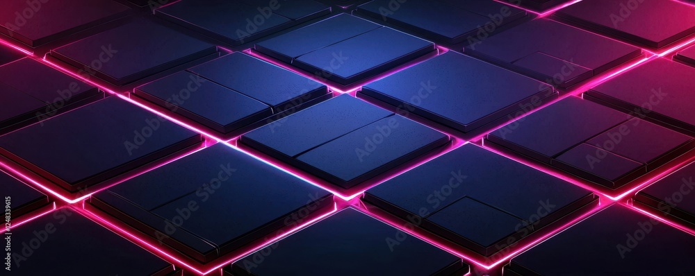 Poster A vibrant, futuristic grid pattern with glowing edges in shades of blue and pink, creating a dynamic digital atmosphere.