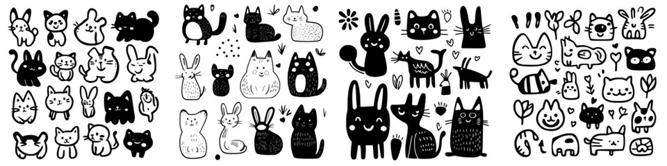 Various playful illustrations of cats, rabbits, and other animals in simplified black and white designs