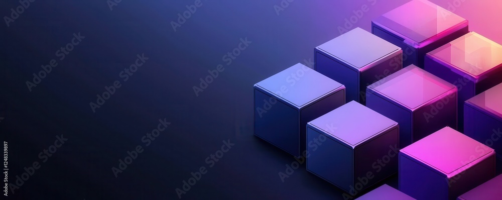 Poster a modern abstract background featuring illuminated cubes in shades of blue and purple, creating a vi