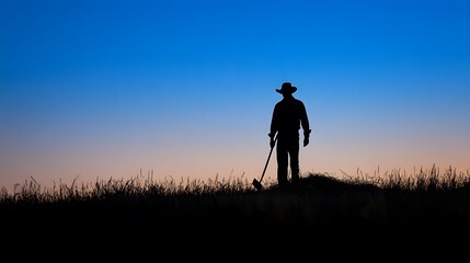 Silhouette of a treasure hunter at dusk with metal detector