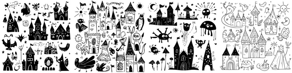 Colorful collection of whimsical castles, creatures, and playful scenes in imaginative designs for children and art lovers