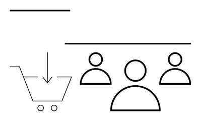 Shopping cart with downward arrow, three people icons, and horizontal lines. Ideal for e-commerce, teamwork, collaboration, online shopping, user engagement, digital marketing abstract line flat