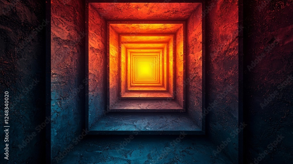 Poster vibrant concentric squares in gradient tunnel of glowing geometry