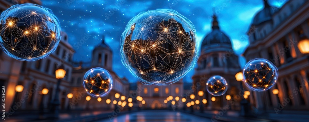 Poster a futuristic cityscape featuring glowing orbs with network patterns, illuminated by street lamps und