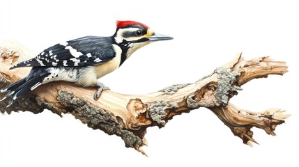Obraz premium A detailed close-up of a Great Spotted Woodpecker perched on a tree branch,