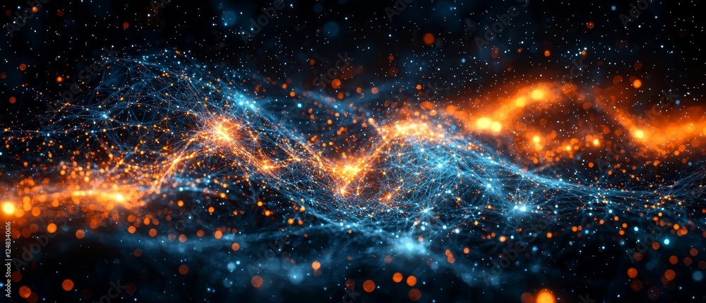 Poster glowing triangular network of futuristic nodes forming a web like spatial structure