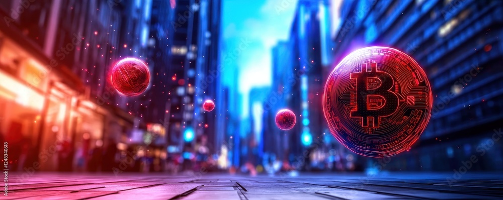 Poster a futuristic cityscape with glowing bitcoin orbs floating above a cobblestone street, showcasing a b