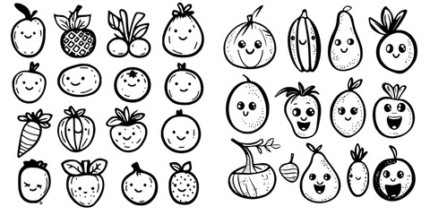 Cheerful hand-drawn fruits and vegetables displayed in a playful pattern on a light background