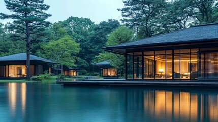 Fototapeta premium Serene Japanese Villa: Modern Architecture, Night View, Luxury Resort