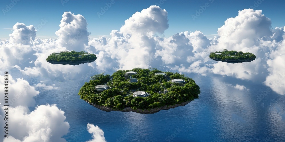 Poster futuristic floating islands surrounded by clouds and water, featuring lush greenery and modern struc