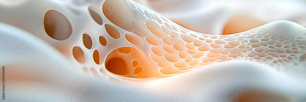 Poster a dynamic composition showcasing a smooth, porous structure, softly lit from within by warm glows,