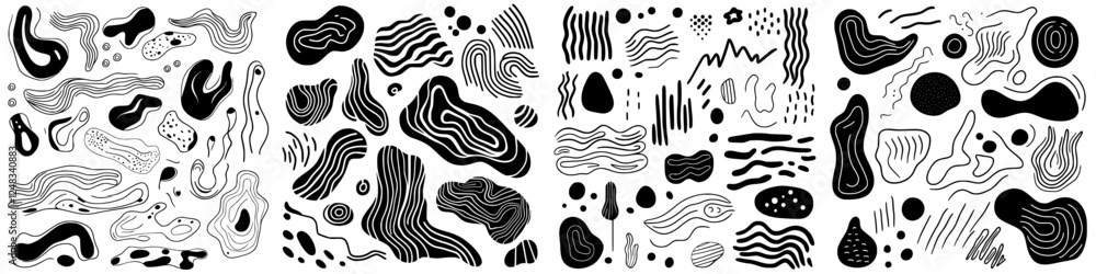 Poster bold black and white abstract patterns with dynamic shapes and textures showcasing creativity and ar