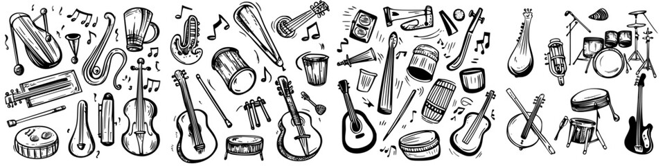 Various musical instruments displayed in a creative illustration filled with notes and rhythm elements