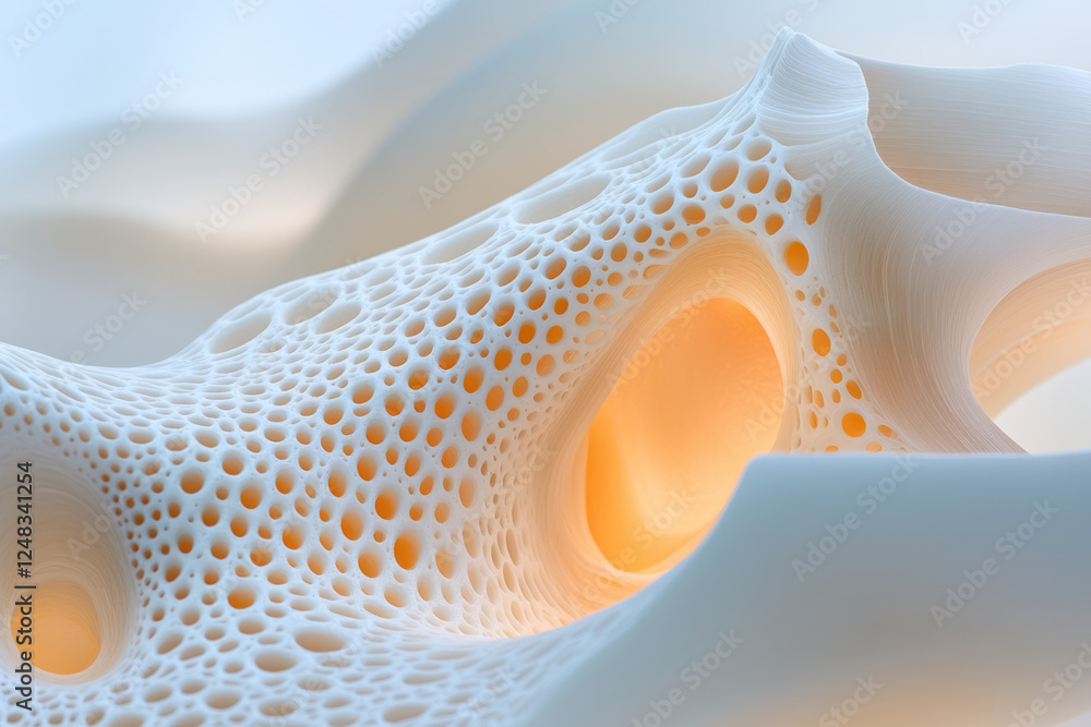 Poster a close-up on a uniquely contoured structure with delicate holes, softly illuminated from inside,