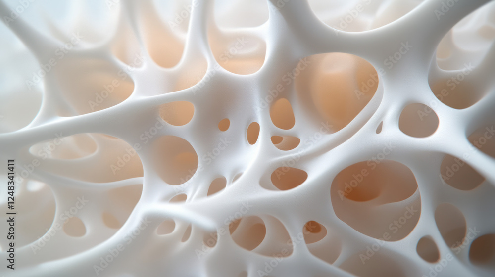 Poster a macro view of a smooth, porous entity, ethereal light streaming through each aperture, captured